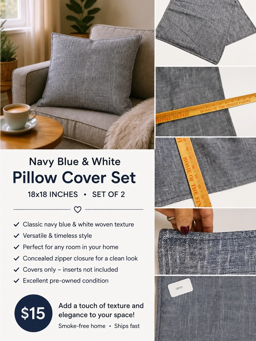 Navy Blue and white decorative pillow case 18x18 - “NO INSERT” SKU 131